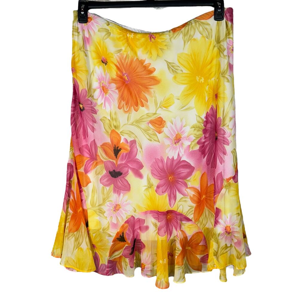 Dressbarn SZ 20 Midi Skirt Floral Ruffled Hem Lined Elastic Waist Pull-On Multi
